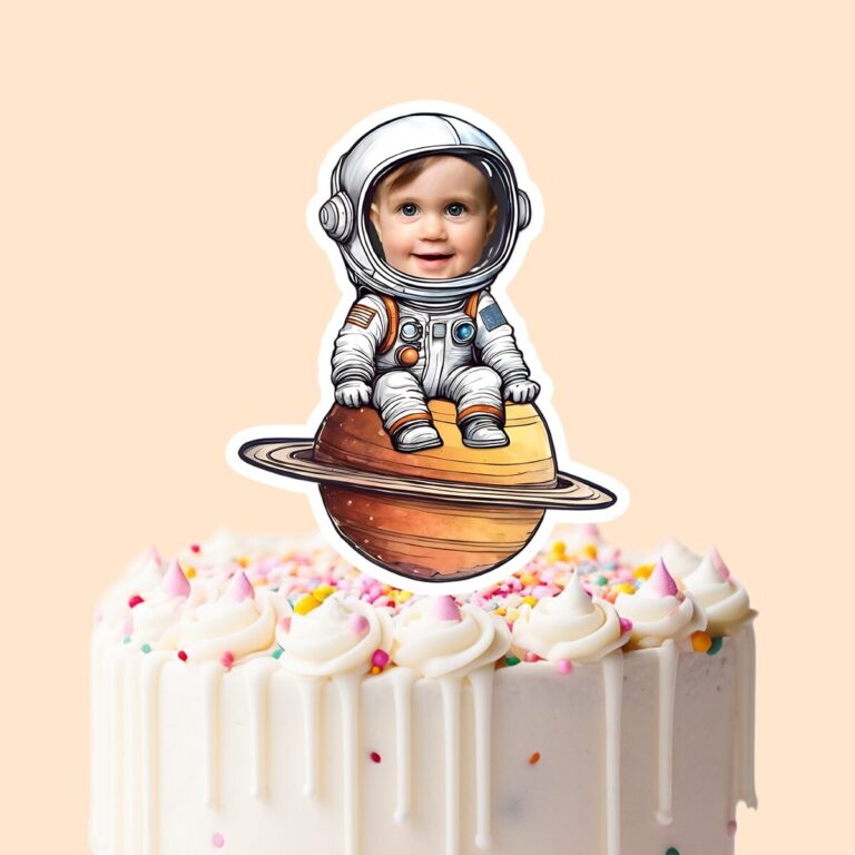 Custom Astronaut Seated on Saturn Face Cutout – Cake Topper Custom Astronaut Seated on Saturn Face Cutout shown on a cake topper mockup