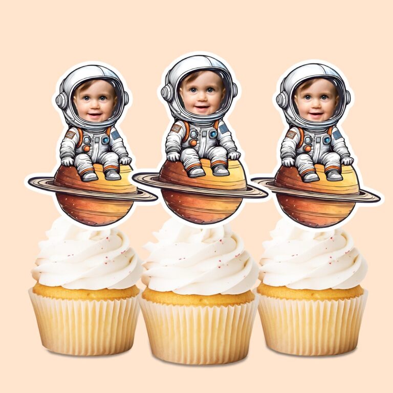 Custom Astronaut Seated on Saturn Face Cutout – Cupcake Topper Custom Astronaut Seated on Saturn Face Cutout shown on a cupcake topper mockup