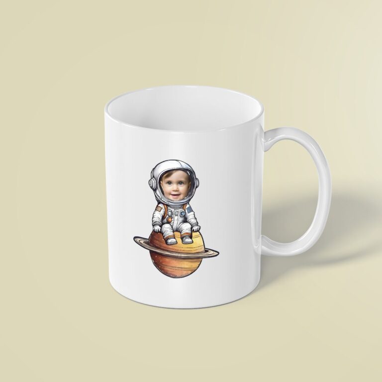 Custom Astronaut Seated on Saturn Face Cutout – Mug Custom Astronaut Seated on Saturn Face Cutout shown on a mug mockup