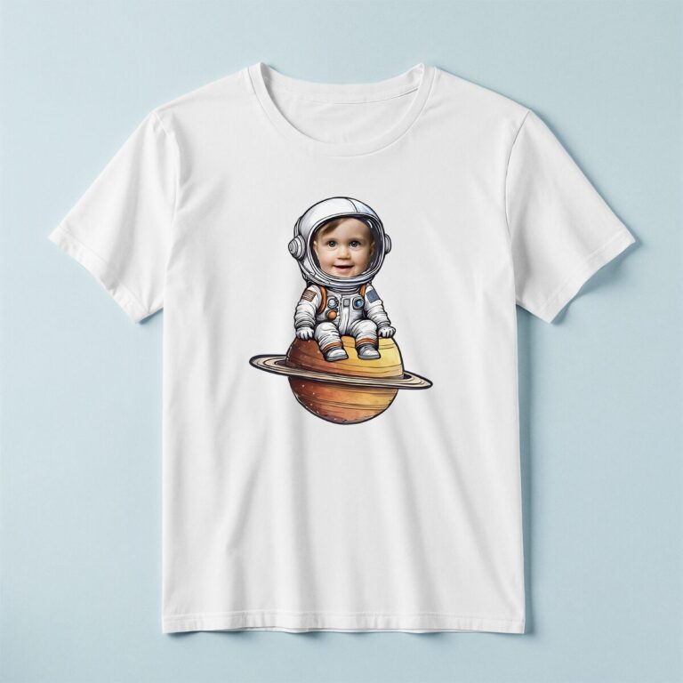 Custom Astronaut Seated on Saturn Face Cutout – T-shirt Custom Astronaut Seated on Saturn Face Cutout shown on a T-shirt mockup