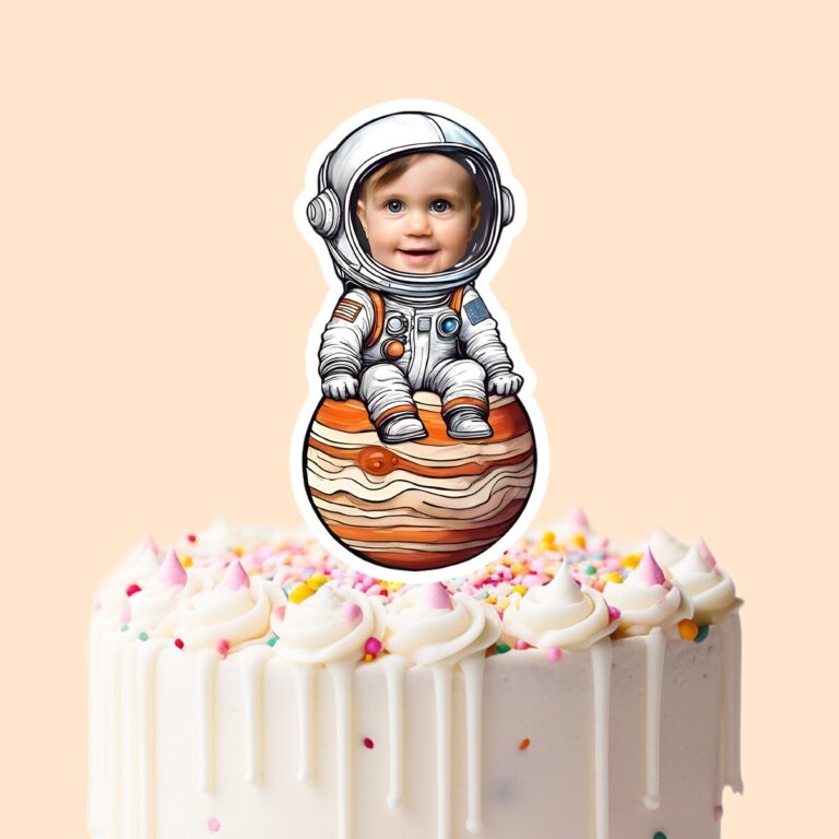 Custom Astronaut Seated on Jupiter Face Cutout – Cake Topper Custom Astronaut Seated on Jupiter Face Cutout shown on a cake topper mockup