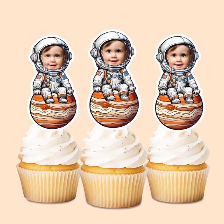 Custom Astronaut Seated on Jupiter Face Cutout – Cupcake Topper Custom Astronaut Seated on Jupiter Face Cutout shown on a cupcake topper mockup