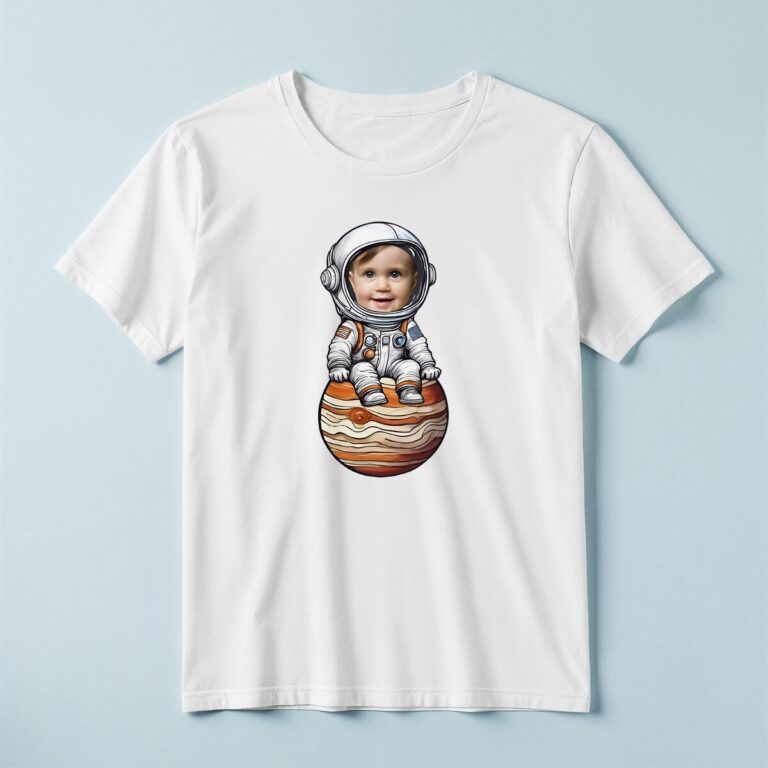 Custom Astronaut Seated on Jupiter Face Cutout – T-shirt Custom Astronaut Seated on Jupiter Face Cutout shown on a T-shirt mockup
