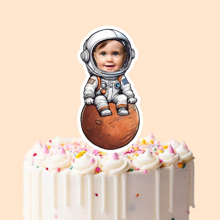 Custom Astronaut Seated on Mars Face Cutout – Cake Topper Custom Astronaut Seated on Mars Face Cutout shown on a cake topper mockup