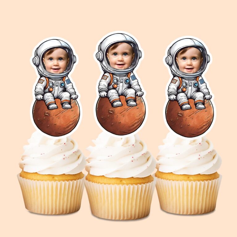 Custom Astronaut Seated on Mars Face Cutout – Cupcake Topper Custom Astronaut Seated on Mars Face Cutout shown on a cupcake topper mockup