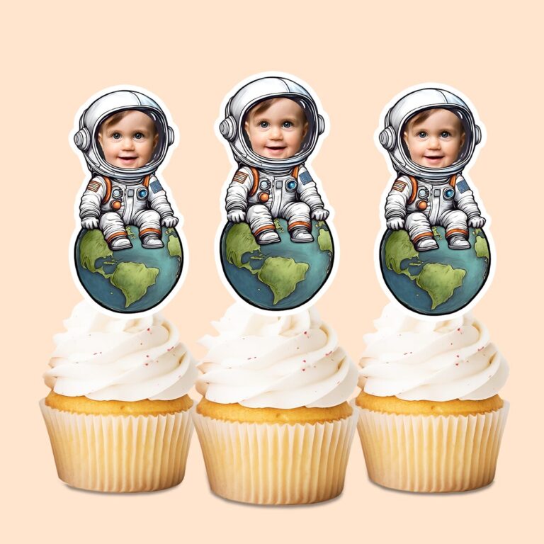 Custom Astronaut Seated on Earth Face Cutout – Cupcake Topper Custom Astronaut Seated on Earth Face Cutout shown on a cupcake topper mockup