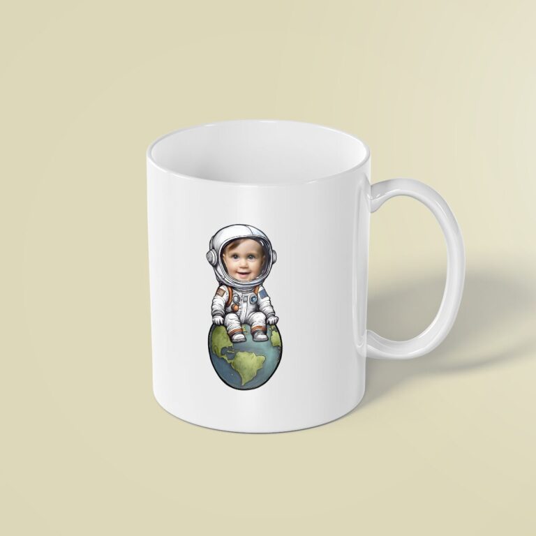 Custom Astronaut Seated on Earth Face Cutout – Mug Custom Astronaut Seated on Earth Face Cutout shown on a mug mockup