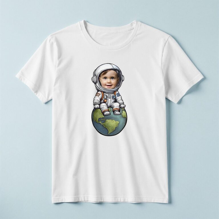 Custom Astronaut Seated on Earth Face Cutout – T-shirt Custom Astronaut Seated on Earth Face Cutout shown on a T-shirt mockup