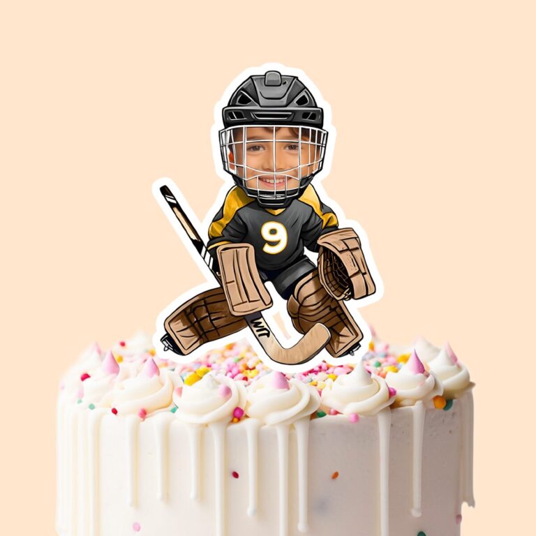 Custom Number 9 Ice Hockey Goalie Face Cutout – Cake Topper Custom Number 9 Ice Hockey Goalie Face Cutout shown on a cake topper mockup