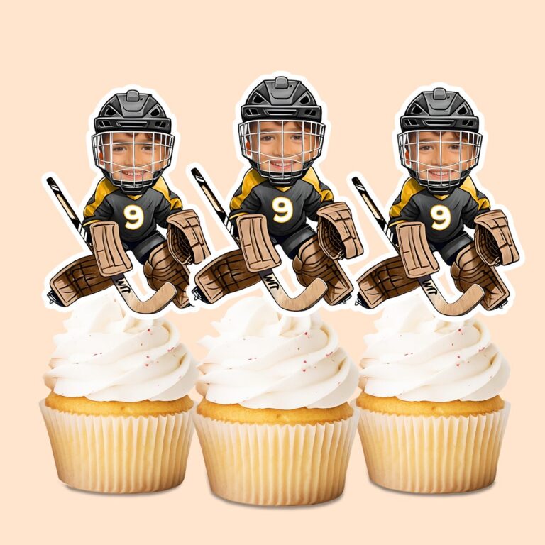 Custom Number 9 Ice Hockey Goalie Face Cutout – Cupcake Topper Custom Number 9 Ice Hockey Goalie Face Cutout shown on a cupcake topper mockup