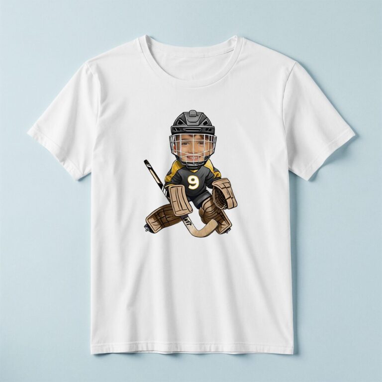 Custom Number 9 Ice Hockey Goalie Face Cutout – T-shirt Custom Number 9 Ice Hockey Goalie Face Cutout shown on a T-shirt mockup