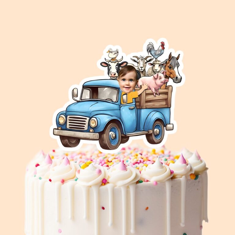 Custom Child Driving a Blue Farm Truck Face Cutout – Cake Topper Custom Child Driving a Blue Farm Truck Face Cutout shown on a cake topper mockup