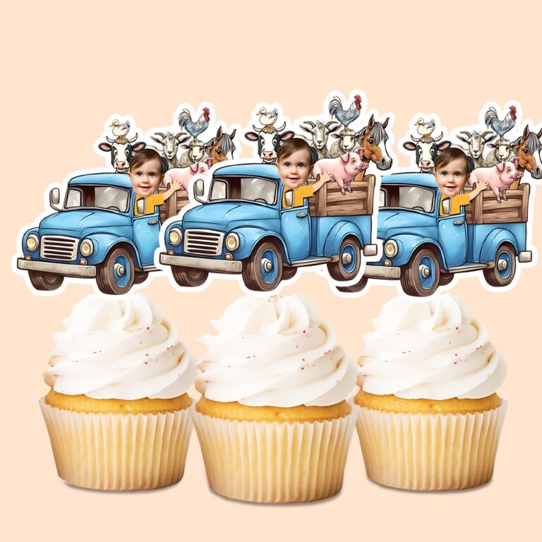 Custom Child Driving a Blue Farm Truck Face Cutout – Cupcake Topper Custom Child Driving a Blue Farm Truck Face Cutout shown on a cupcake topper mockup