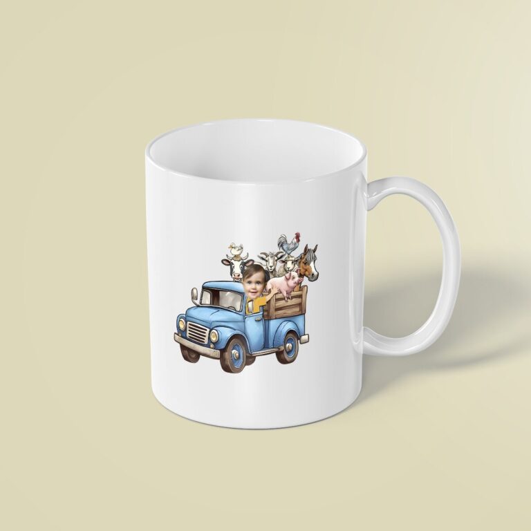 Custom Child Driving a Blue Farm Truck Face Cutout – Mug Custom Child Driving a Blue Farm Truck Face Cutout shown on a mug mockup