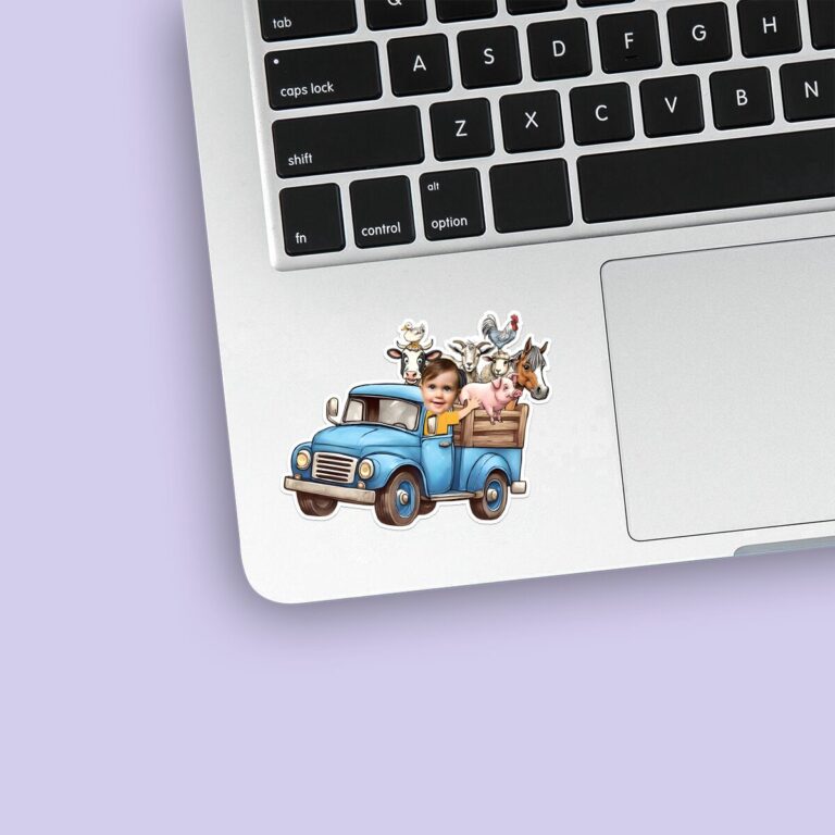 Custom Child Driving a Blue Farm Truck Face Cutout – Sticker Custom Child Driving a Blue Farm Truck Face Cutout shown on a sticker mockup