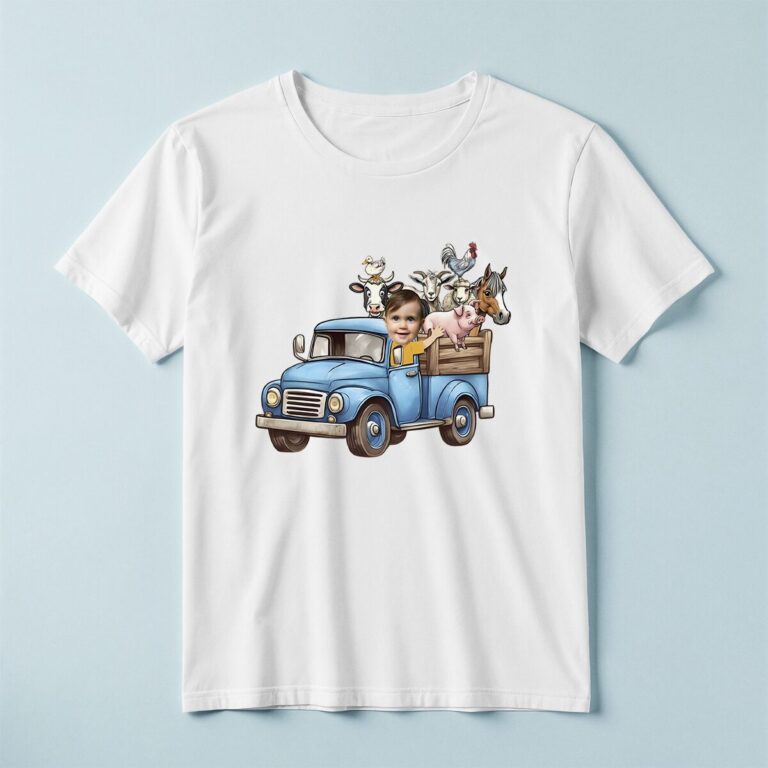 Custom Child Driving a Blue Farm Truck Face Cutout – T-shirt Custom Child Driving a Blue Farm Truck Face Cutout shown on a T-shirt mockup