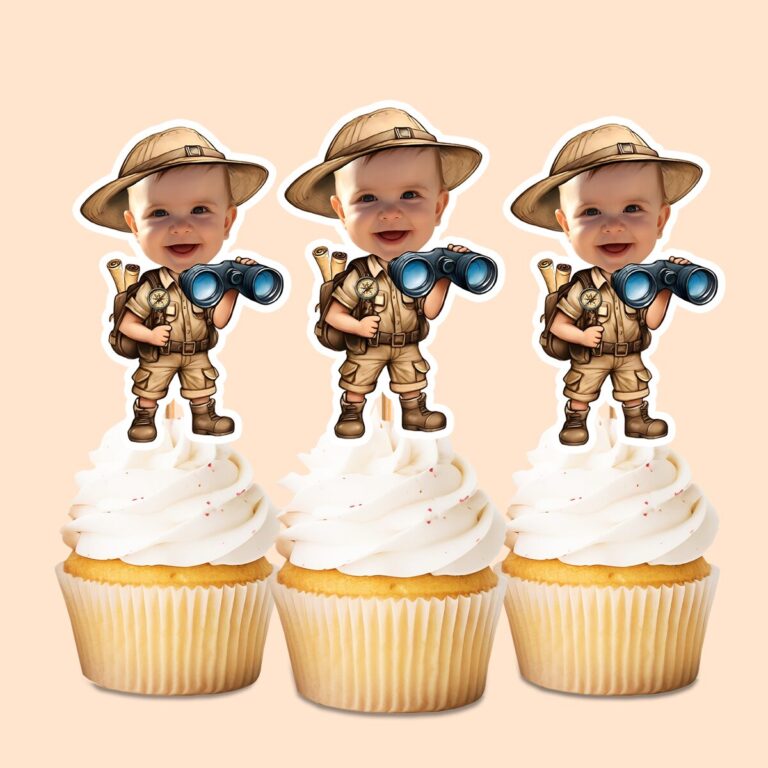 Custom Binoculars Safari Explorer Neck Scarf Face Cutout – Cupcake Topper Custom Binoculars Safari Explorer Neck Scarf Face Cutout shown on a cupcake topper mockup