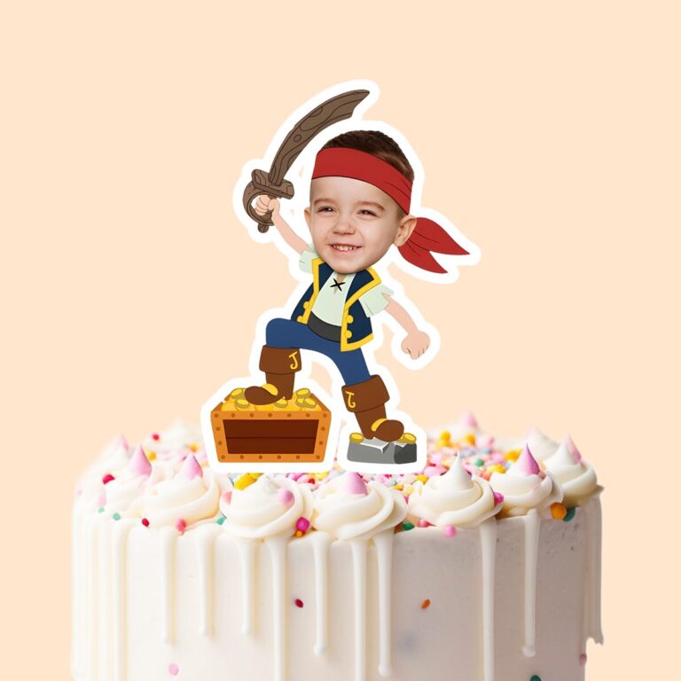 Custom Pirate Guarding Treasure Face Cutout – Cake Topper Custom Pirate Guarding Treasure Face Cutout shown on a cake topper mockup