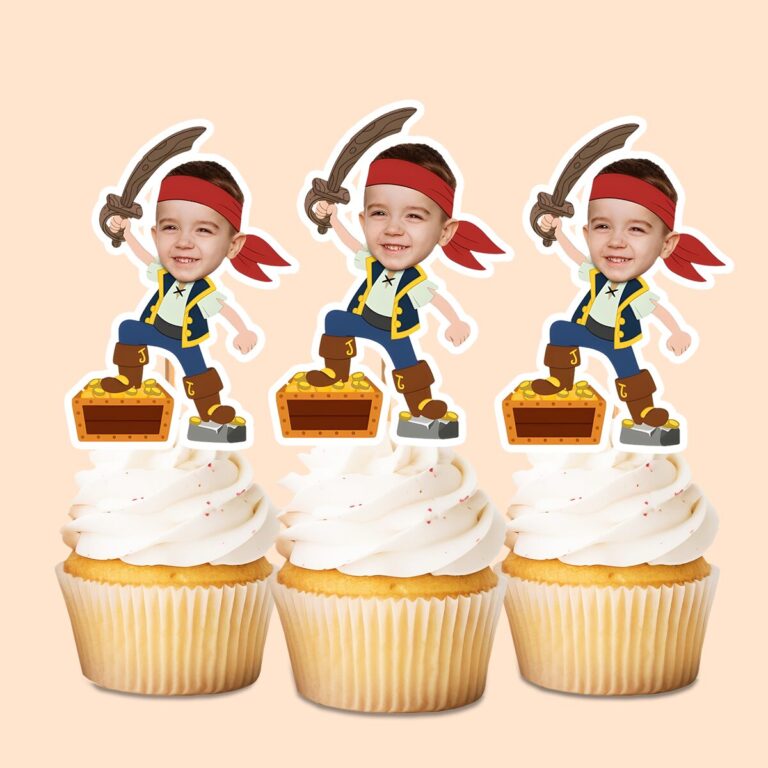 Custom Pirate Guarding Treasure Face Cutout – Cupcake Topper Custom Pirate Guarding Treasure Face Cutout shown on a cupcake topper mockup