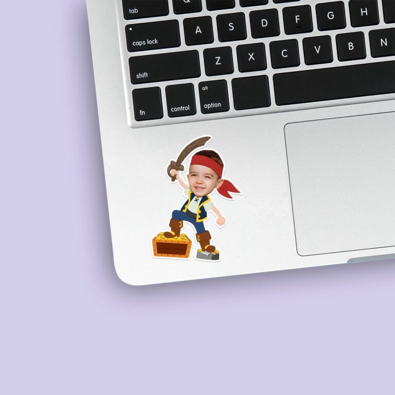 Custom Pirate Guarding Treasure Face Cutout – Sticker Custom Pirate Guarding Treasure Face Cutout shown on a sticker mockup