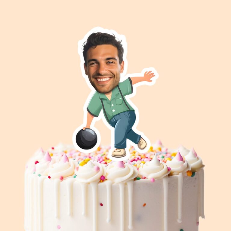 Custom Bowler Preparing to Roll Face Cutout – Cake Topper Custom Bowler Preparing to Roll Face Cutout shown on a cake topper mockup