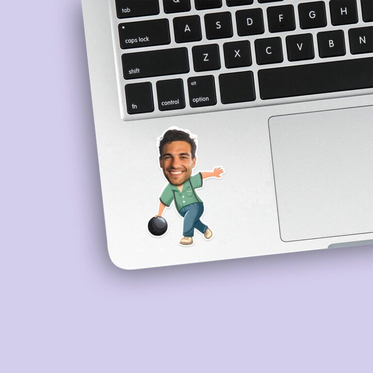 Custom Bowler Preparing to Roll Face Cutout – Sticker Custom Bowler Preparing to Roll Face Cutout shown on a sticker mockup