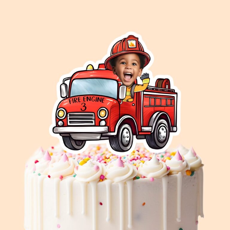 Custom Firefighter Waving from a Fire Engine Face Cutout – Cake Topper Custom Firefighter Waving from a Fire Engine Face Cutout shown on a cake topper mockup