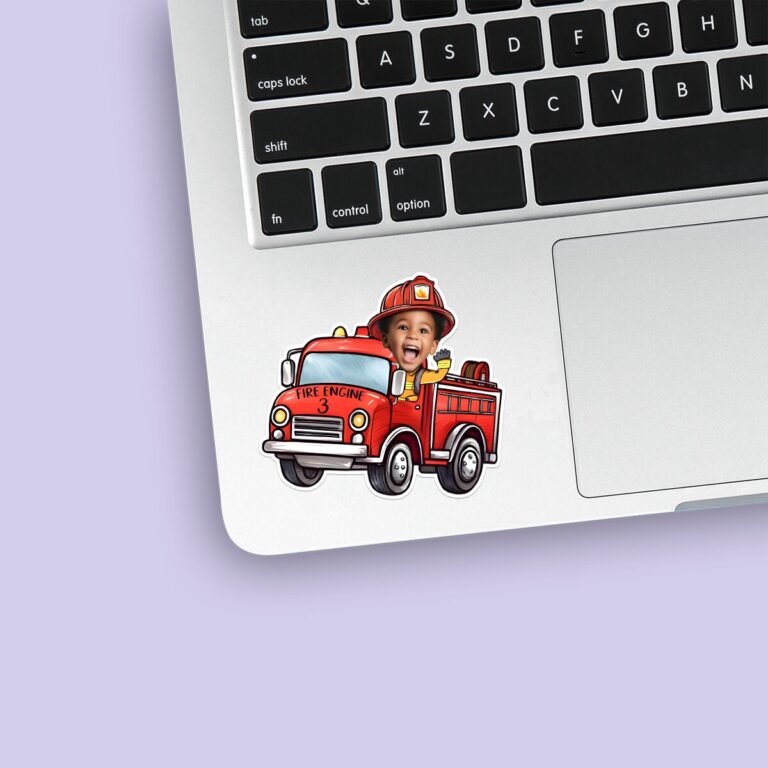 Custom Firefighter Waving from a Fire Engine Face Cutout – Sticker Custom Firefighter Waving from a Fire Engine Face Cutout shown on a sticker mockup