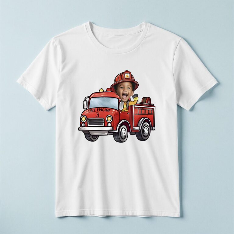 Custom Firefighter Waving from a Fire Engine Face Cutout – T-shirt Custom Firefighter Waving from a Fire Engine Face Cutout shown on a T-shirt mockup