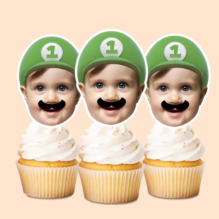Custom Green Game-Hero Cap Face Cutout – Cupcake Topper Custom Green Game-Hero Cap Face Cutout shown on a cupcake topper mockup