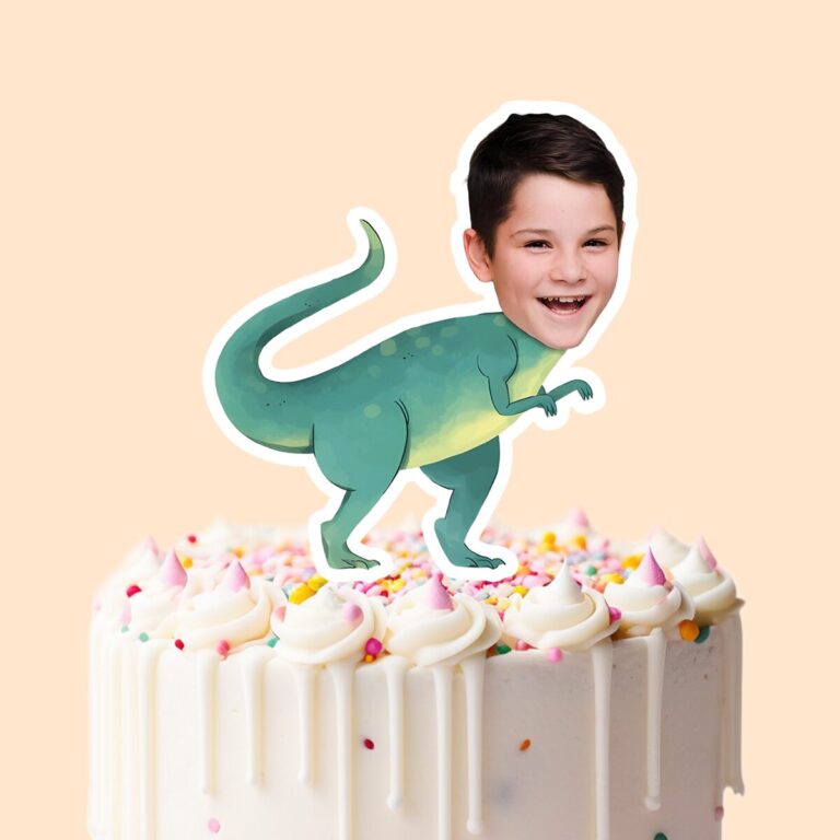 Custom Green Dinosaur Body Face Cutout – Cake Topper Custom Green Dinosaur Body Face Cutout shown on a cake topper mockup