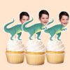 Custom Green Dinosaur Body Face Cutout – Cupcake Topper Custom Green Dinosaur Body Face Cutout shown on a cupcake topper mockup