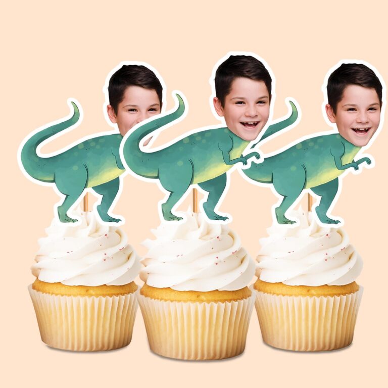 Custom Green Dinosaur Body Face Cutout – Cupcake Topper Custom Green Dinosaur Body Face Cutout shown on a cupcake topper mockup