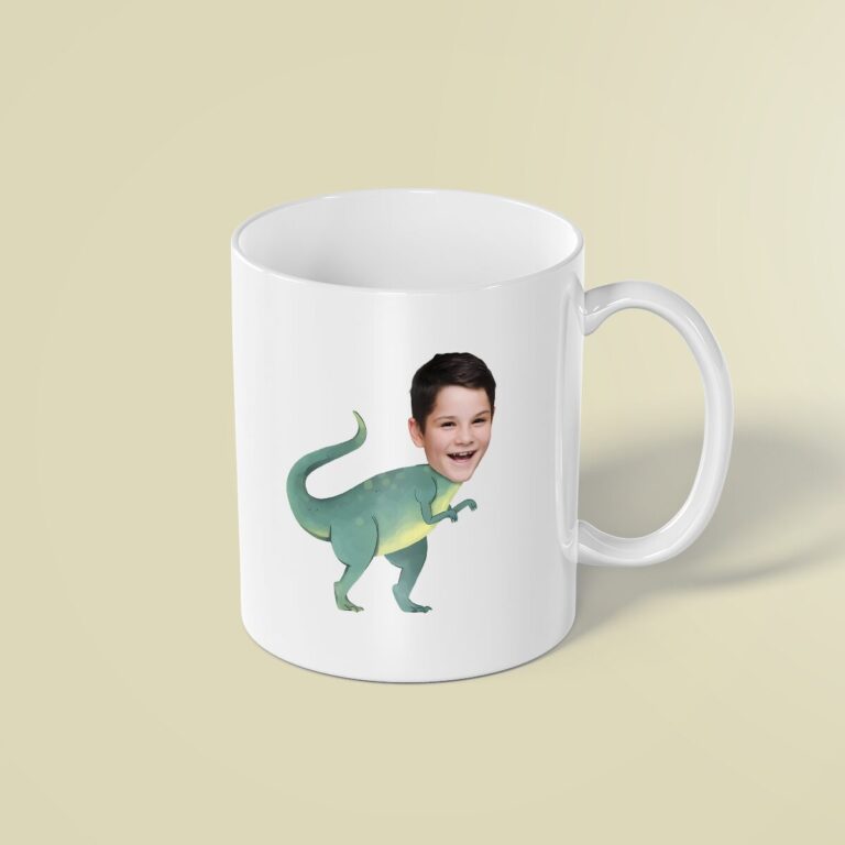 Custom Green Dinosaur Body Face Cutout – Mug Custom Green Dinosaur Body Face Cutout shown on a mug mockup