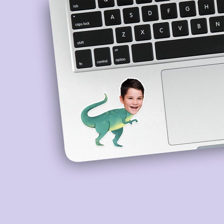 Custom Green Dinosaur Body Face Cutout – Sticker Custom Green Dinosaur Body Face Cutout shown on a sticker mockup