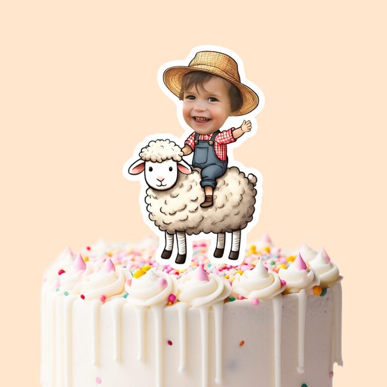 Custom Farmer Riding a Sheep Red Check Shirt Face Cutout – Cake Topper Custom Farmer Riding a Sheep Red Check Shirt Face Cutout shown on a cake topper mockup