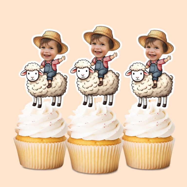 Custom Farmer Riding a Sheep Red Check Shirt Face Cutout – Cupcake Topper Custom Farmer Riding a Sheep Red Check Shirt Face Cutout shown on a cupcake topper mockup