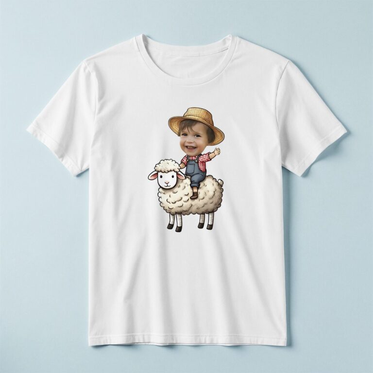 Custom Farmer Riding a Sheep Red Check Shirt Face Cutout – T-shirt Custom Farmer Riding a Sheep Red Check Shirt Face Cutout shown on a T-shirt mockup