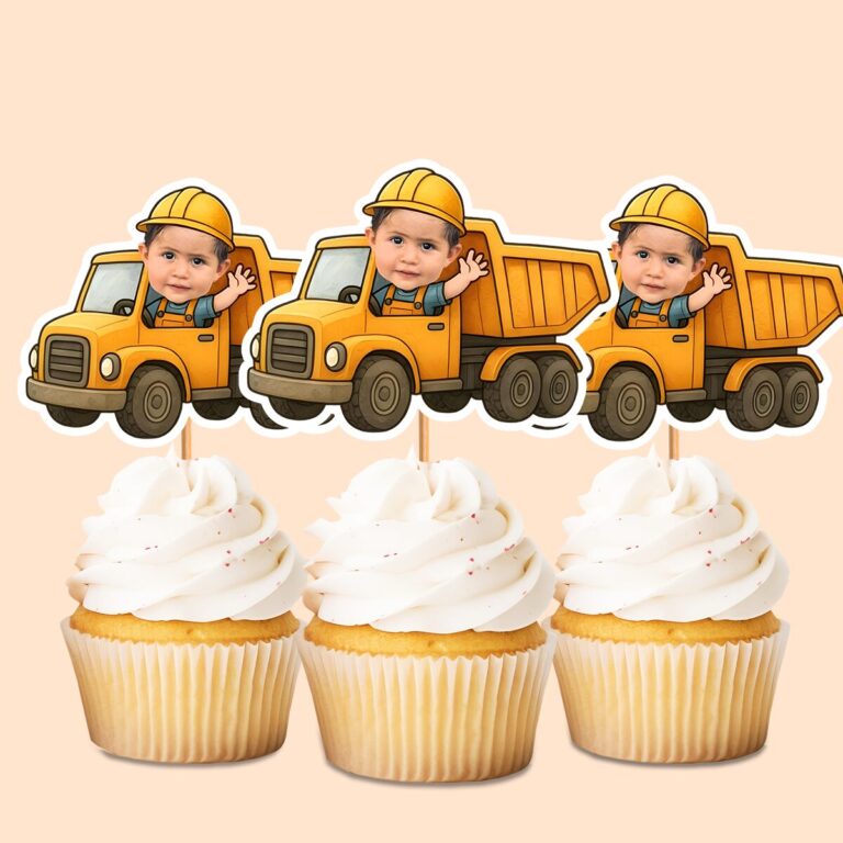Custom Dump-Truck Driver Waving Face Cutout – Cupcake Topper Custom Dump-Truck Driver Waving Face Cutout shown on a cupcake topper mockup