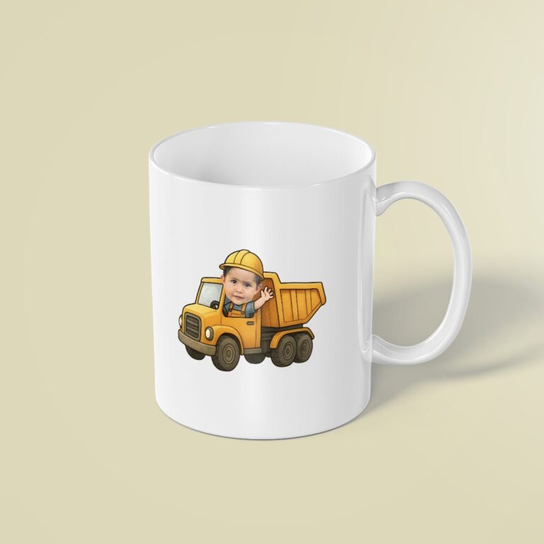 Custom Dump-Truck Driver Waving Face Cutout – Mug Custom Dump-Truck Driver Waving Face Cutout shown on a mug mockup