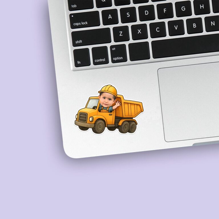 Custom Dump-Truck Driver Waving Face Cutout – Sticker Custom Dump-Truck Driver Waving Face Cutout shown on a sticker mockup