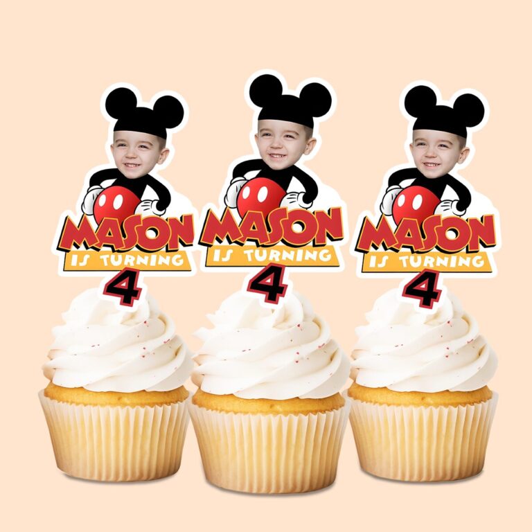 Custom Black Mouse-Costume Birthday Cutout Face Cutout – Cupcake Topper Custom Black Mouse-Costume Birthday Cutout Face Cutout shown on a cupcake topper mockup