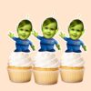 Custom Green Three-Eyed Space-Alien Costume Face Cutout – Cupcake Topper Custom Green Three-Eyed Space-Alien Costume Face Cutout shown on a cupcake topper mockup