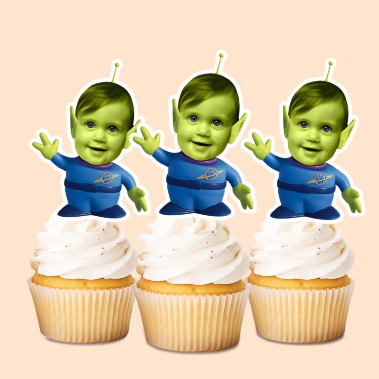 Custom Green Three-Eyed Space-Alien Costume Face Cutout – Cupcake Topper Custom Green Three-Eyed Space-Alien Costume Face Cutout shown on a cupcake topper mockup