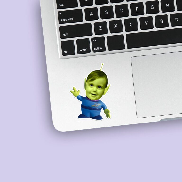 Custom Green Three-Eyed Space-Alien Costume Face Cutout – Sticker Custom Green Three-Eyed Space-Alien Costume Face Cutout shown on a sticker mockup