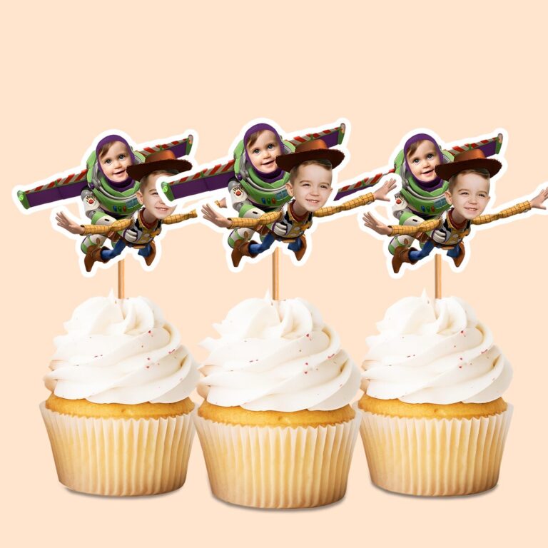 Custom Flying Cowboy and Space-Ranger Duo Face Cutout – Cupcake Topper Custom Flying Cowboy and Space-Ranger Duo Face Cutout shown on a cupcake topper mockup