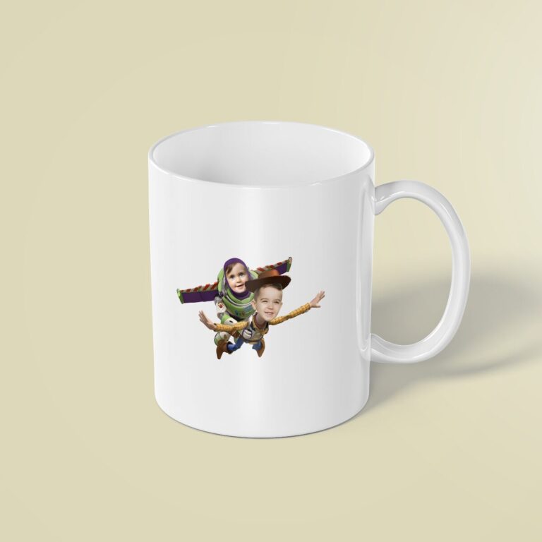 Custom Flying Cowboy and Space-Ranger Duo Face Cutout – Mug Custom Flying Cowboy and Space-Ranger Duo Face Cutout shown on a mug mockup