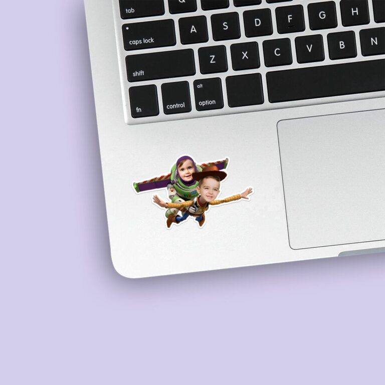 Custom Flying Cowboy and Space-Ranger Duo Face Cutout – Sticker Custom Flying Cowboy and Space-Ranger Duo Face Cutout shown on a sticker mockup