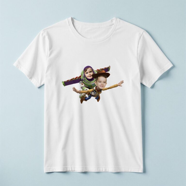Custom Flying Cowboy and Space-Ranger Duo Face Cutout – T-shirt Custom Flying Cowboy and Space-Ranger Duo Face Cutout shown on a T-shirt mockup