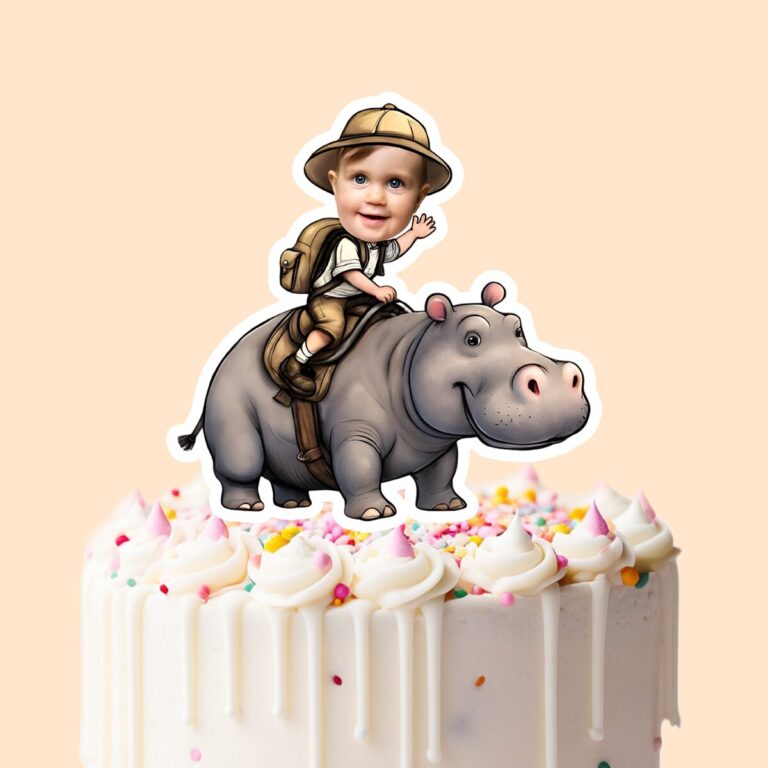 Custom Hippopotamus Safari Striped Shirt Face Cutout – Cake Topper Custom Hippopotamus Safari Striped Shirt Face Cutout shown on a cake topper mockup
